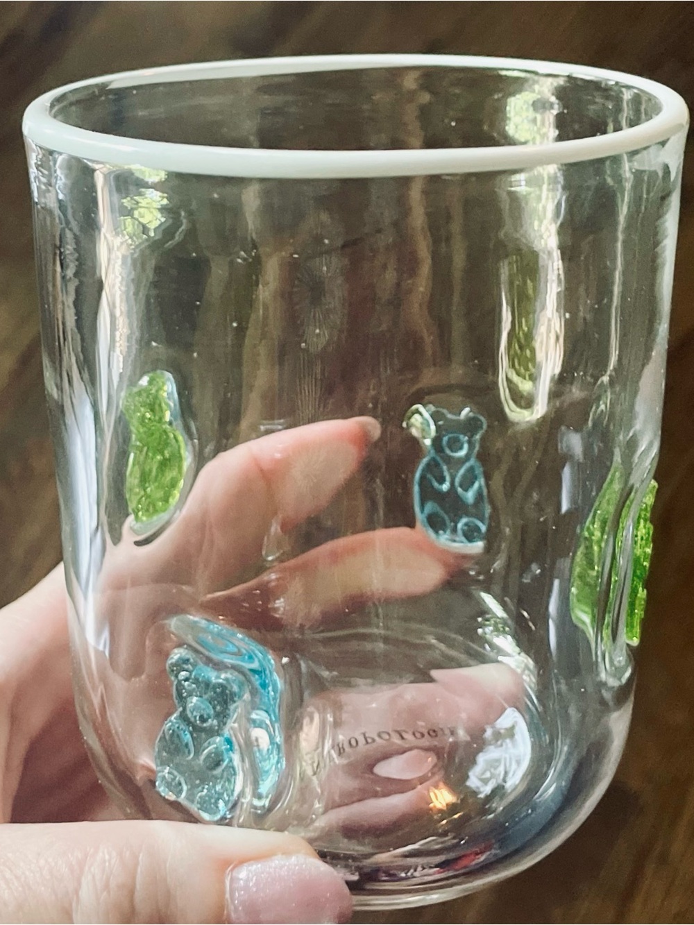 Anthropologie Hand Blown Green & Blue Gummy Bear Icon Juice Glass